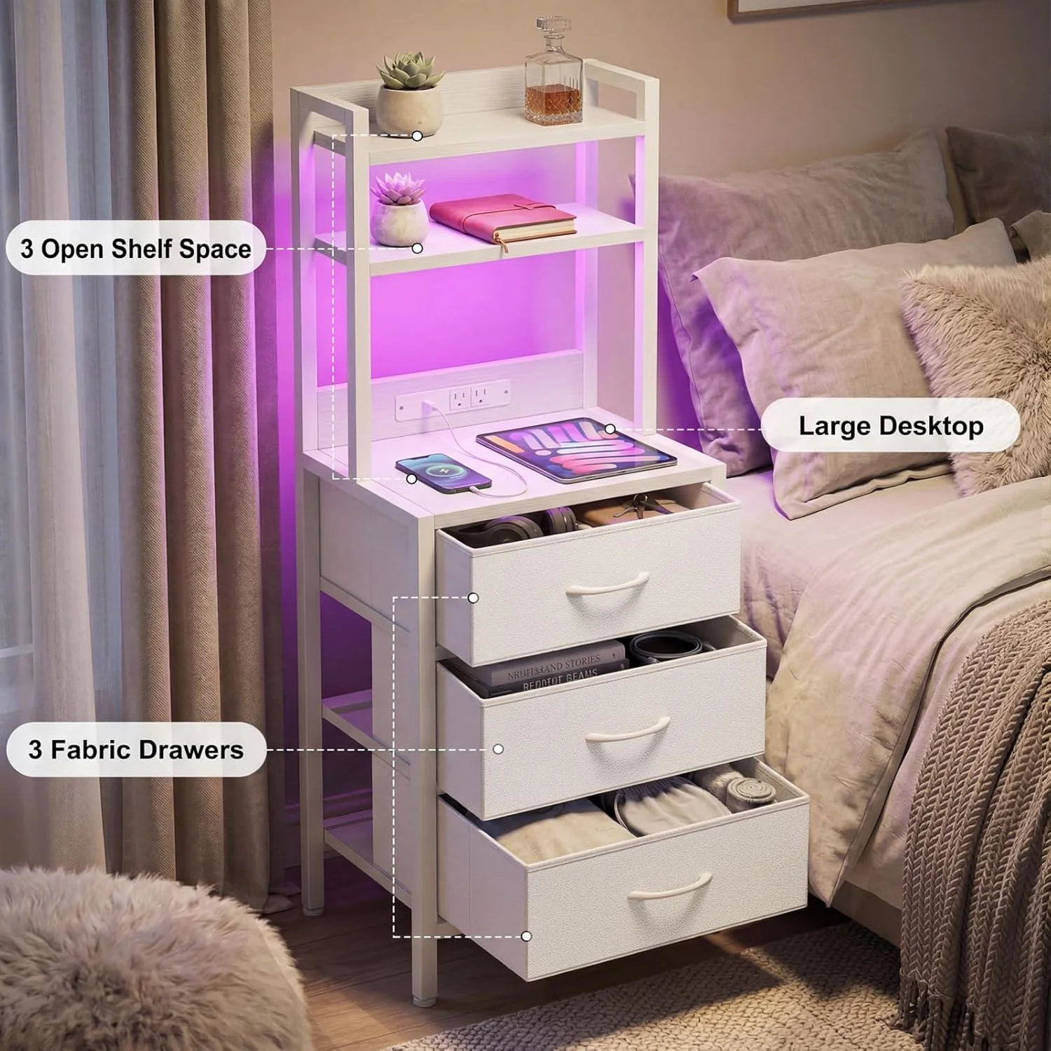 Tall White Nightstand with Charging Station, 3 Fabric Drawers, RGB LED & Bookshelf,White - Image 7
