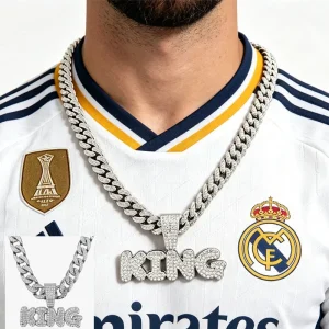 Full Diamond King Football Pendant Necklace With 20in Cuban Link Chain, 13mm Width
