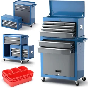 Tool Chest 8-Drawer | 42'' Large Rolling Tool Chest with Wheels | Detachable Top Metal Tool Box | Garage Storage Cabinet for Repair Room,Warehouse | Rolling Tool Box with Hooks,Liners,Tray Divider