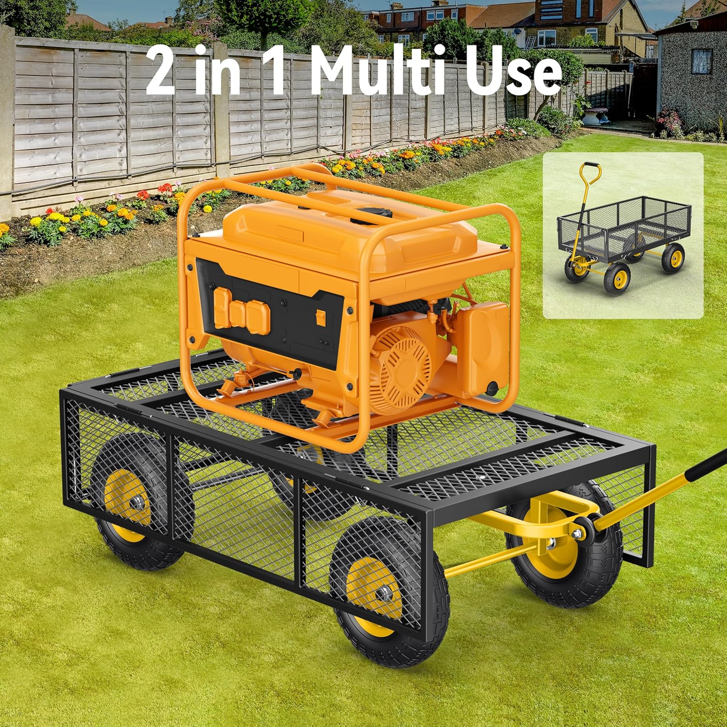 Steel Garden Cart, 2-in-1 1400 lbs Heavy Duty Utility Wagon, with Removable Mesh Sides to Convert into Flatbed, 240 U-Turn 13" Pneumatic Tires Garden Wagon for Farm Yard Lawn Garden Camping - Image 11