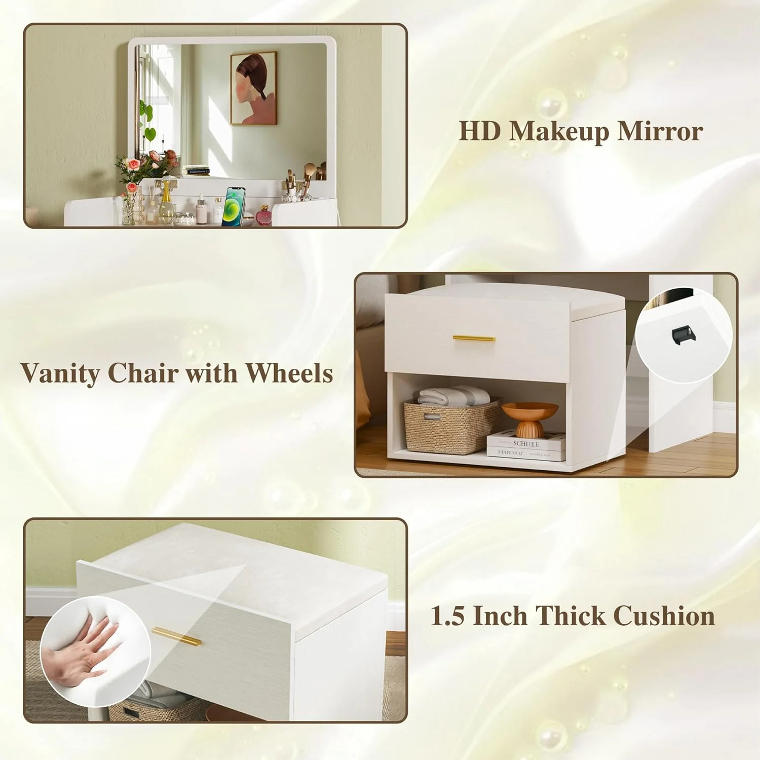 Fixwal 3-in-1 Vanity Desk with Flip-up Mirror, Fabric Drawers & Integrated Charging Station - Image 6