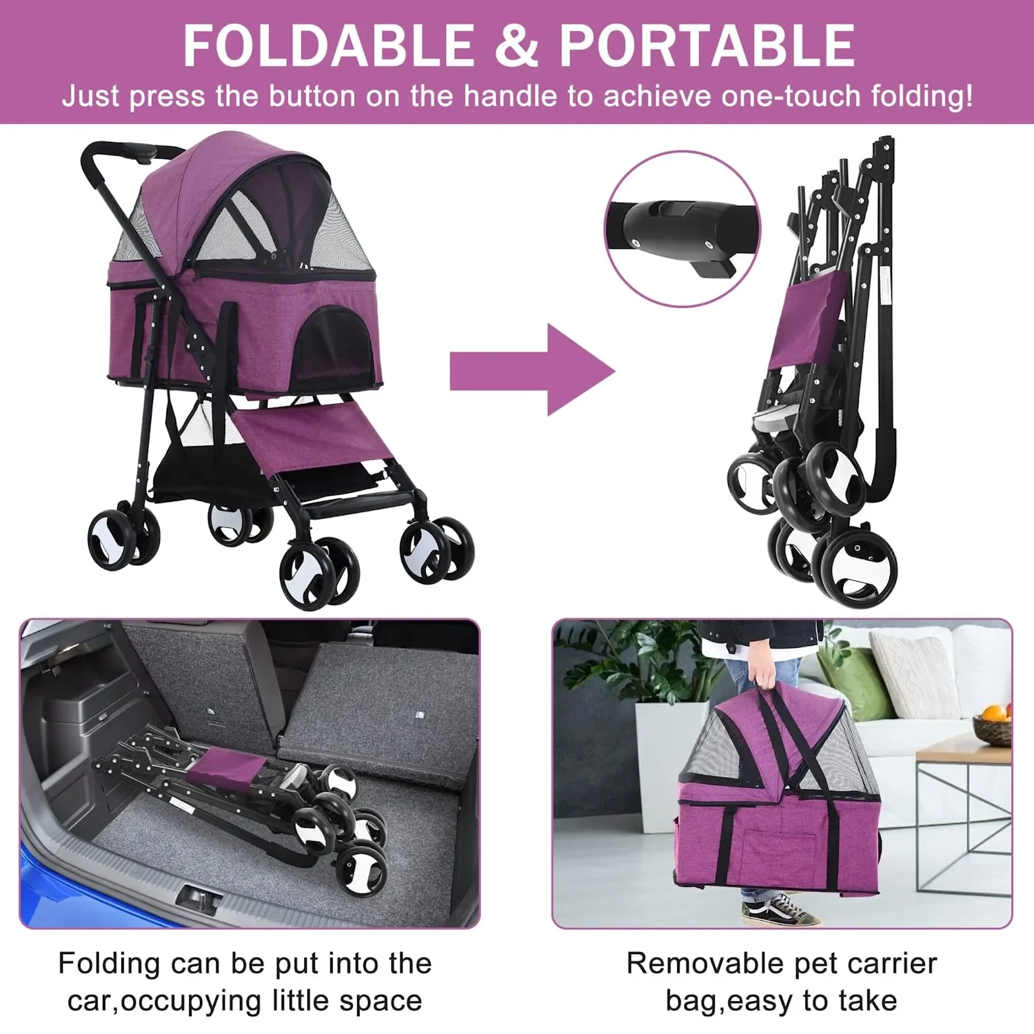 YRLLENSDAN 3-in-1 Pet Stroller With Detachable Carrier And 4 Wheels - Image 4