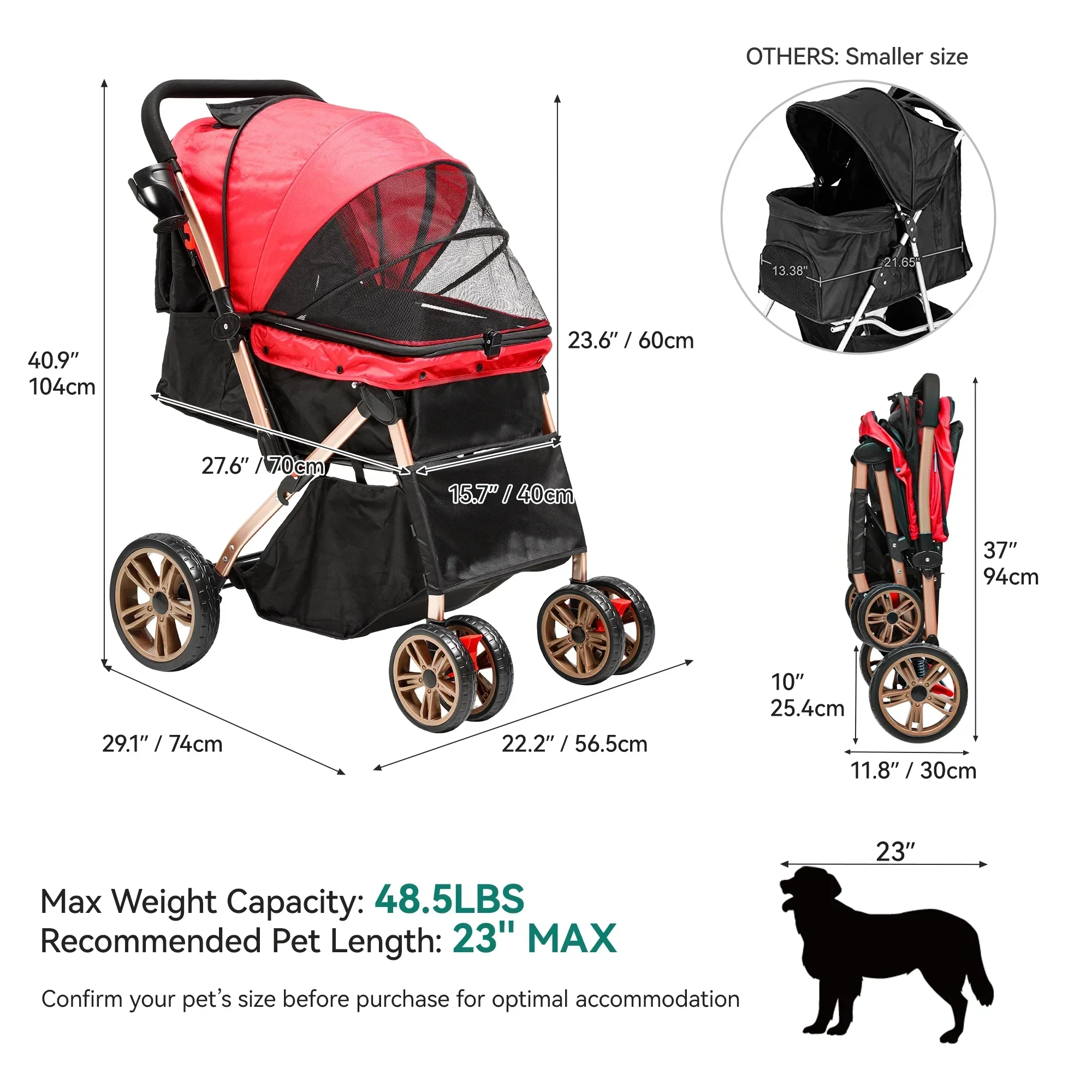 Dextrus 4-Wheel Foldable Pet Stroller With 7-inch Front And 10-inch Rear Wheels, 48.5 lbs Capacity - Image 7