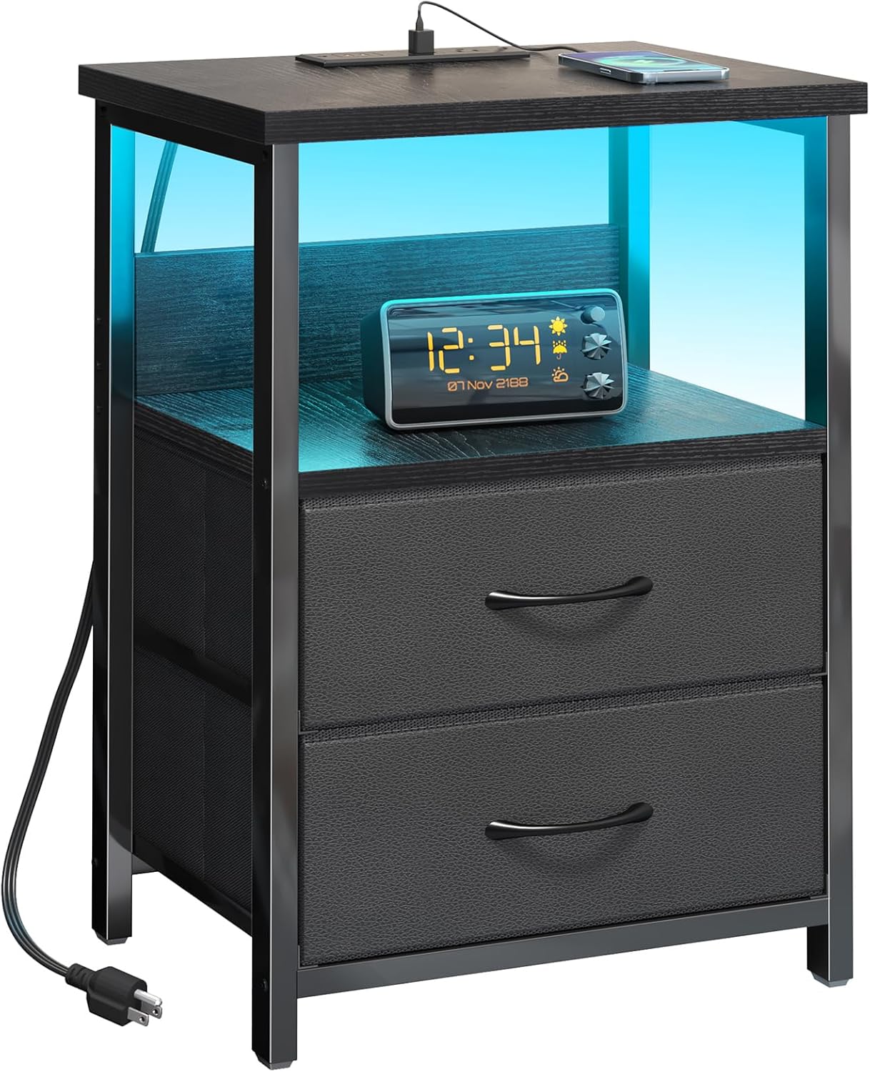 Black LED Nightstand with Charging Station, 2 Fabric Drawers & Open Shelves - Image 3