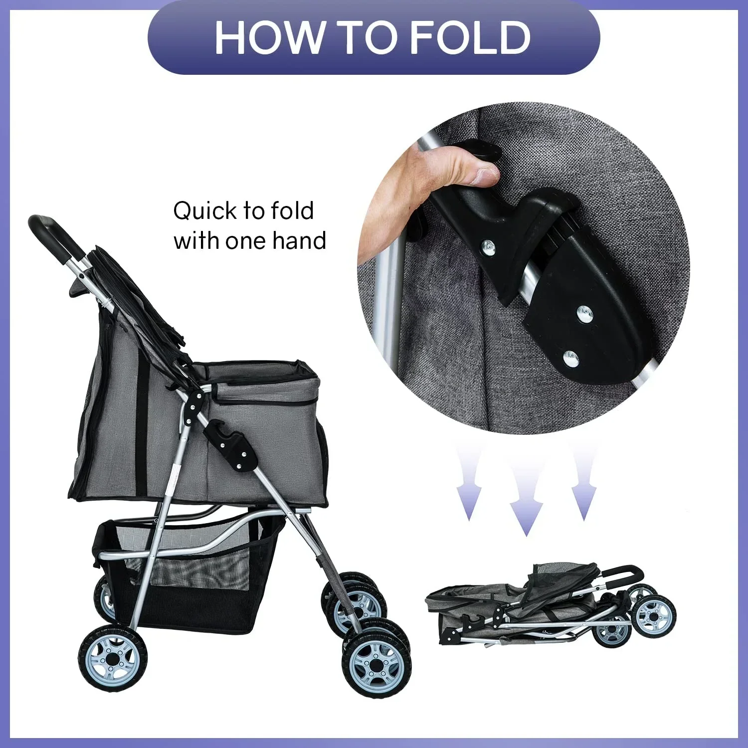 Dkelincs 4-Wheel Foldable Dog Cat Stroller Travel Carrier, Grey - 29.5in L x 18.9in W x 39.8in H - Image 5