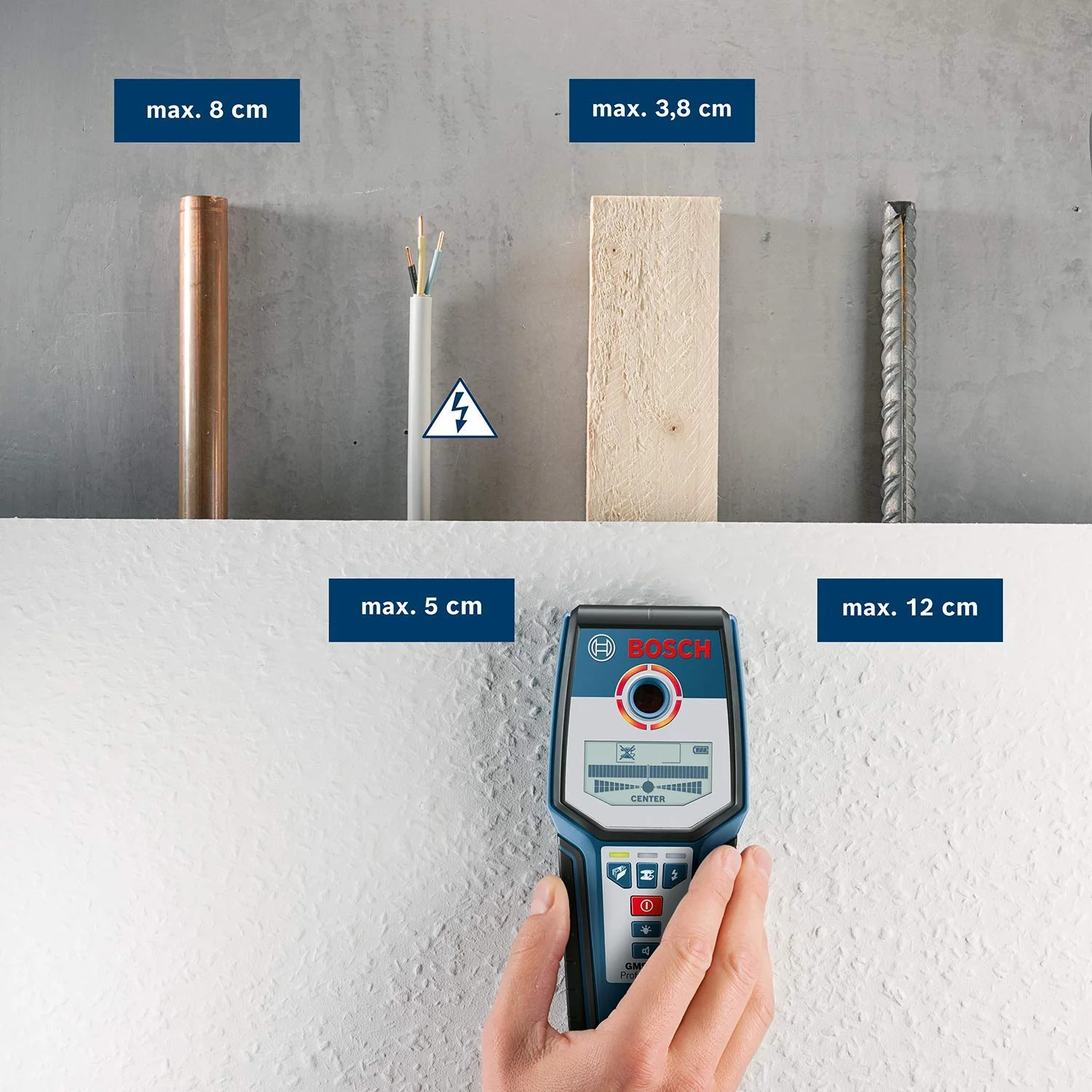 Bosch Professional Stud Finder GMS 120 (Drill hole marker, max. detection depth wood/magnetic metal/non-magnetic metal/live cable: 38/120/80/50 mm, in cardboard box) - Amazon Exclusive Set - Image 2