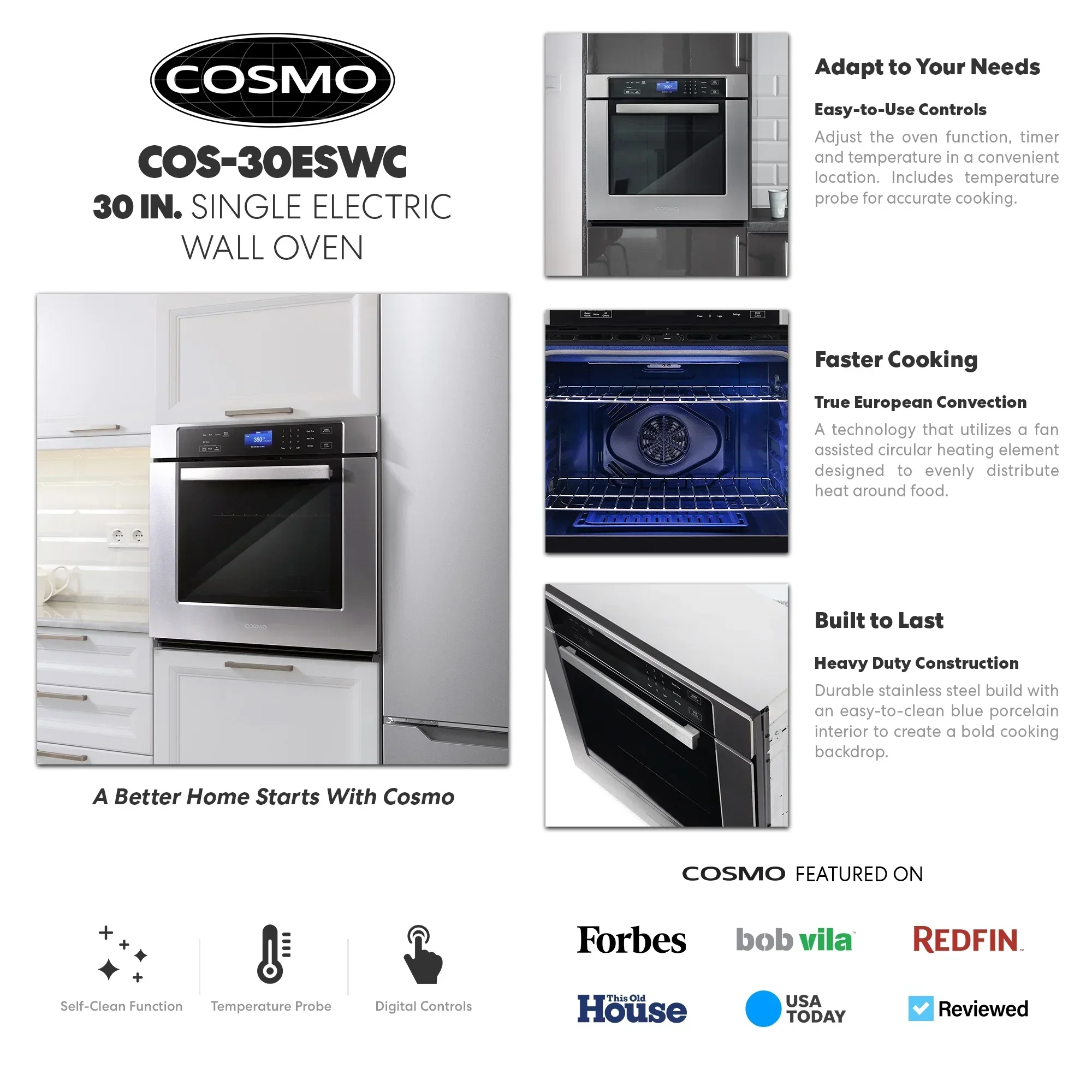 30 in. 5 cu. ft. Single Electric Wall Oven With True European Convection And Self Cleaning In Stainless Steel - Image 3