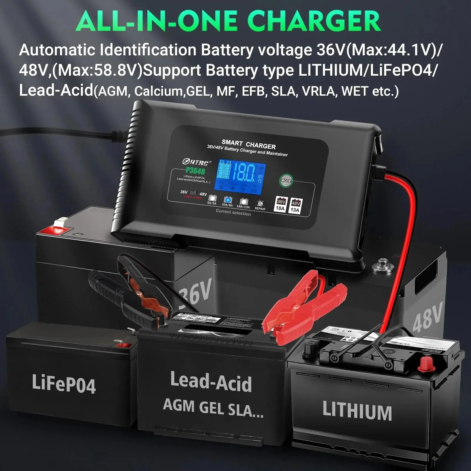 36 Volt Golf cart Charger 18-Amp Smart Charger, Car Battery Charger,Trickle Charger,36V,18-Amp and 48V,13-Amp,Lithium,LiFePO4,Lead-Acid AGM/Gel/SLA.Battery Charger, for EZGO TXT,Car, Boat. - Image 4