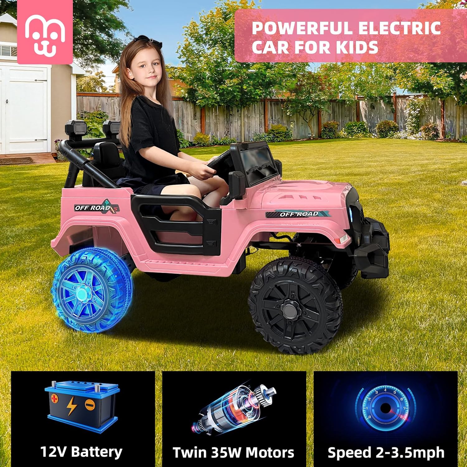 12V Kids Electric Ride on Truck Car Remote Control, Twin 35W Motors 3.5MPH Max Speed, Bluetooth USB Music Player, 4 Wheels Suspension LED Lights Safety Belt, Gift for Boy & Girl-Rosy - Image 25