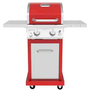 2-Burner Propane Gas Grill, Red – Stainless Steel, 28,000 BTUs, Compact Design