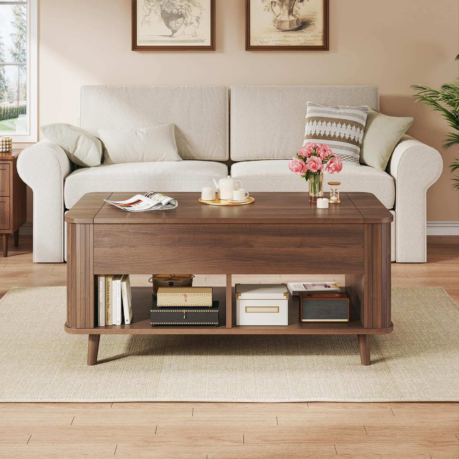 Fixwal 41" Lift Top Coffee Table with Storage, Walnut Mid Century Modern Coffee Table with Fluted Design - Image 3