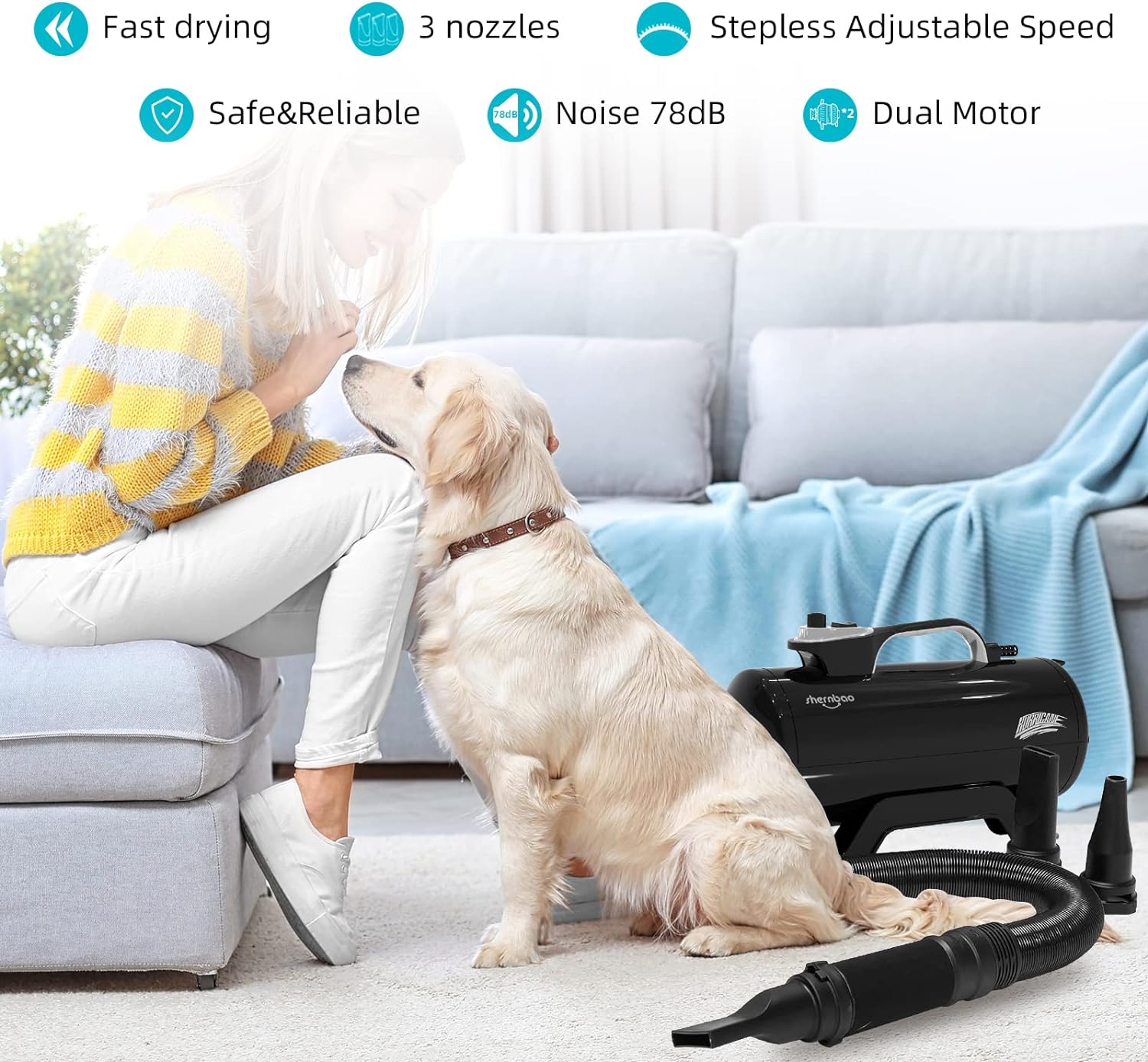 Shernbao Professional Dog Force Dryer, 6.0HP, Jet Black - DHD-2400T - Image 2