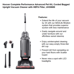 Hoover Complete Performance Advanced Pet Friendly Bagged Upright Vacuum, Grey - UH30650PC