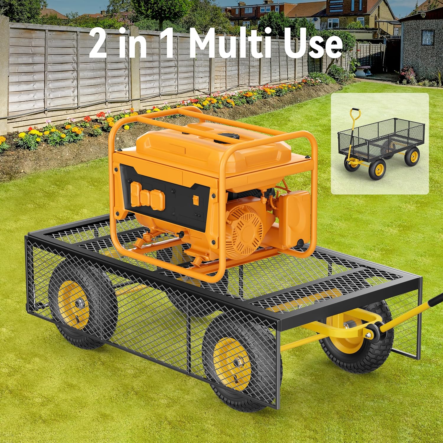 Steel Garden Cart, 2-in-1 1400 lbs Heavy Duty Utility Wagon, with Removable Mesh Sides to Convert into Flatbed, 240 U-Turn 13" Pneumatic Tires Garden Wagon for Farm Yard Lawn Garden Camping - Image 2