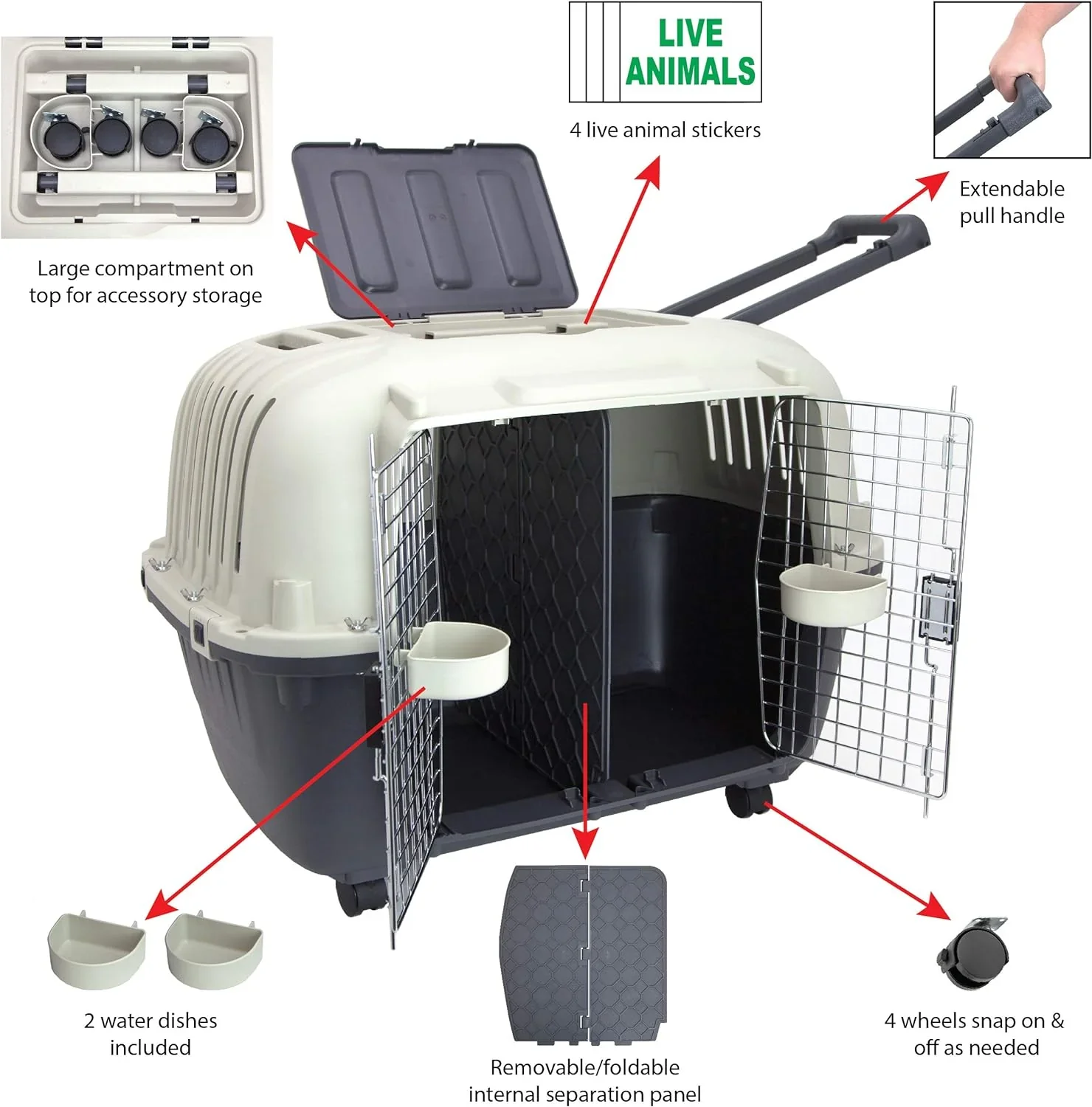 SportPet Designs Plastic Airline Approved Rolling Dog Kennel With Wire Door, XXX-Large, Gray, 48in L x 32in W x 36in H - Image 13