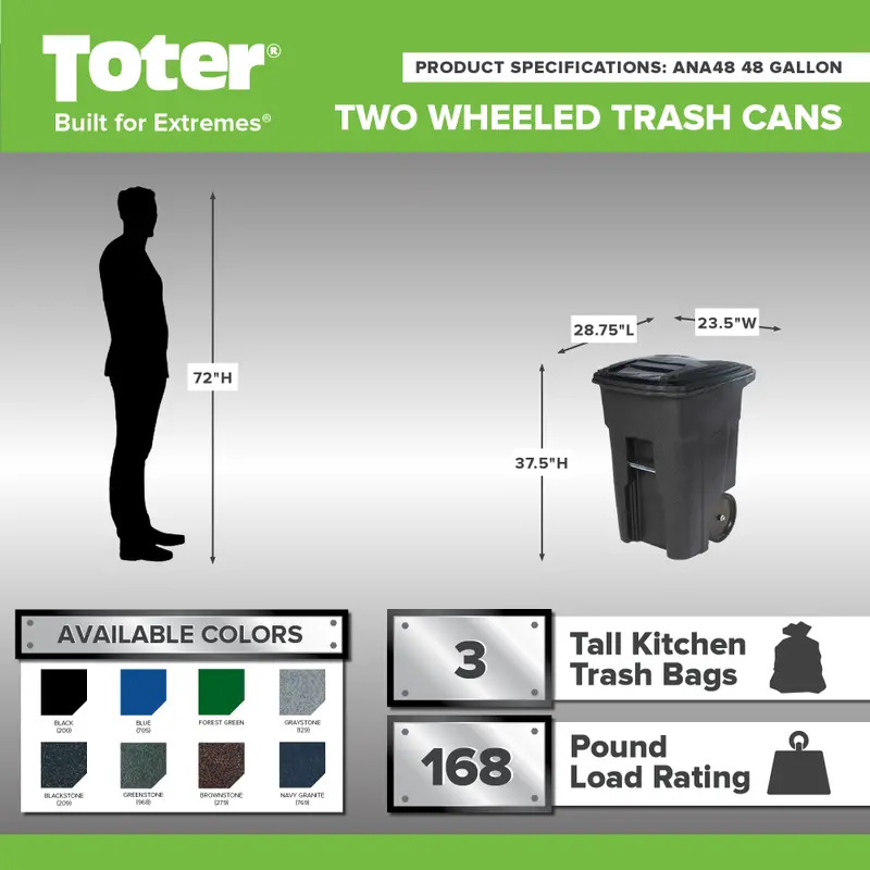 Toter 48 Gallon Trash Can With Smooth Wheels And Lid - ANA48-51406 - Image 2