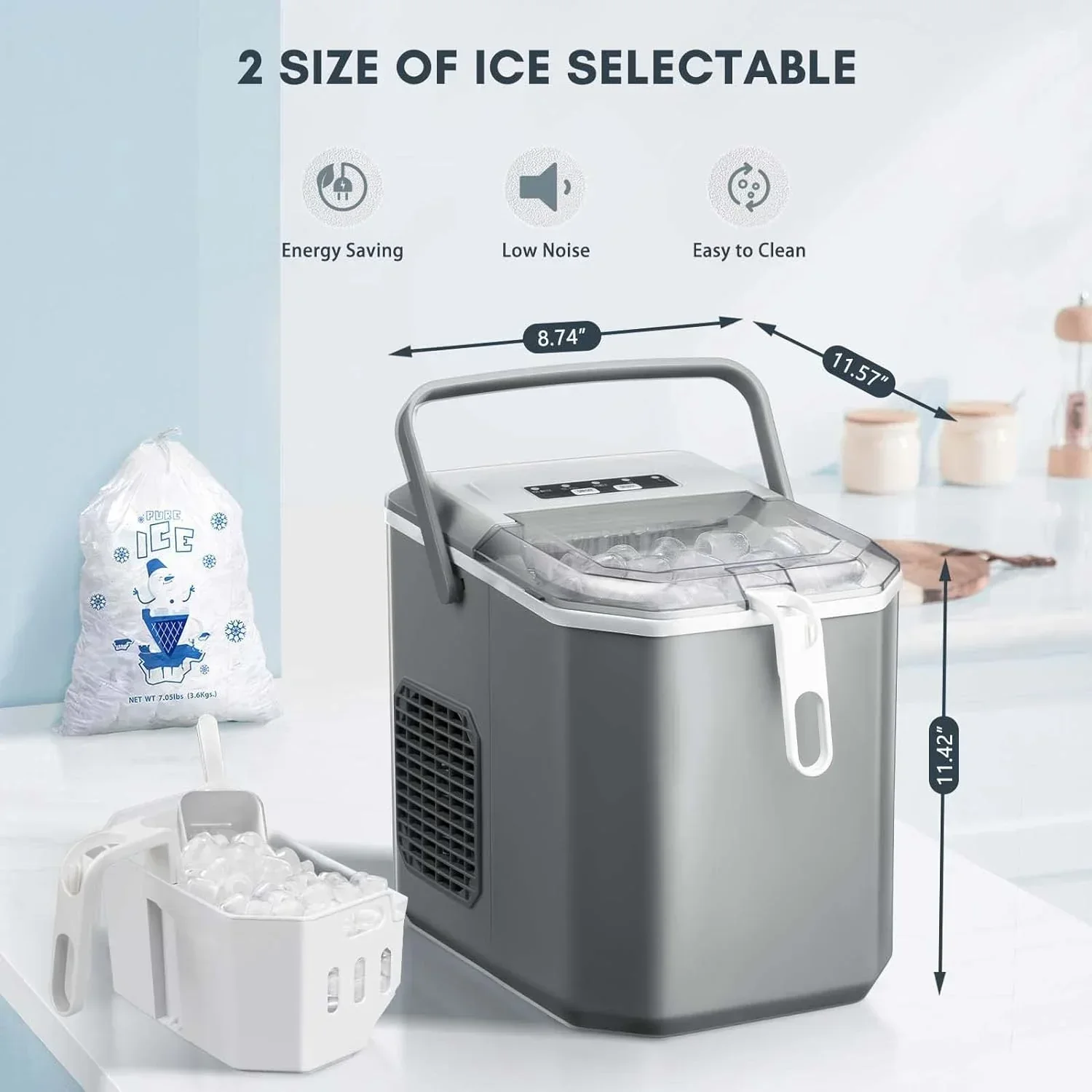 Countertop Ice Maker With Carry Handle, 26 lbs/24 Hrs, 2 Bullet Ice Sizes - Grey - Image 3