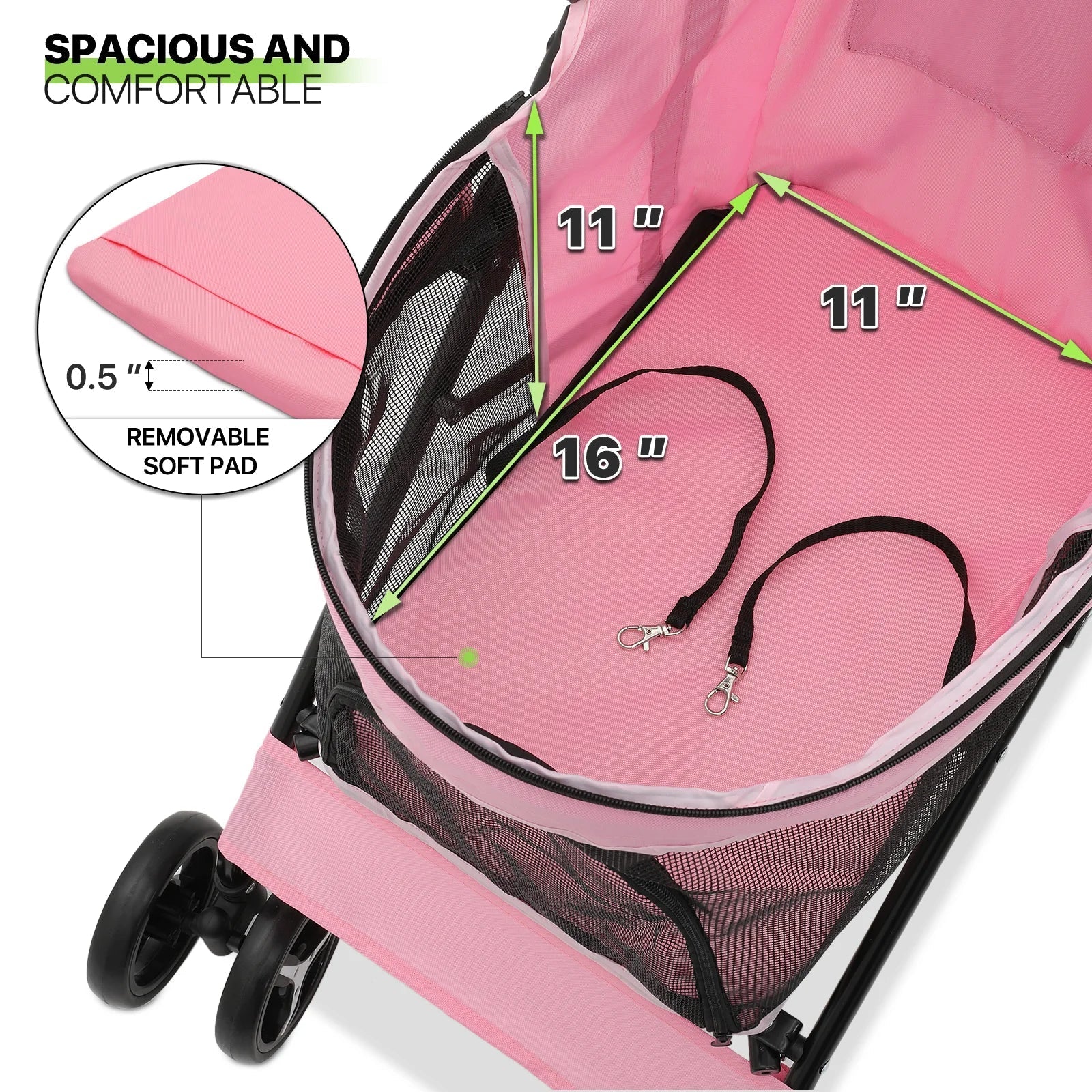 Magshion 4 Wheel Foldable Pet Stroller for Small Medium Dogs, Pink, 22 lbs - Image 6