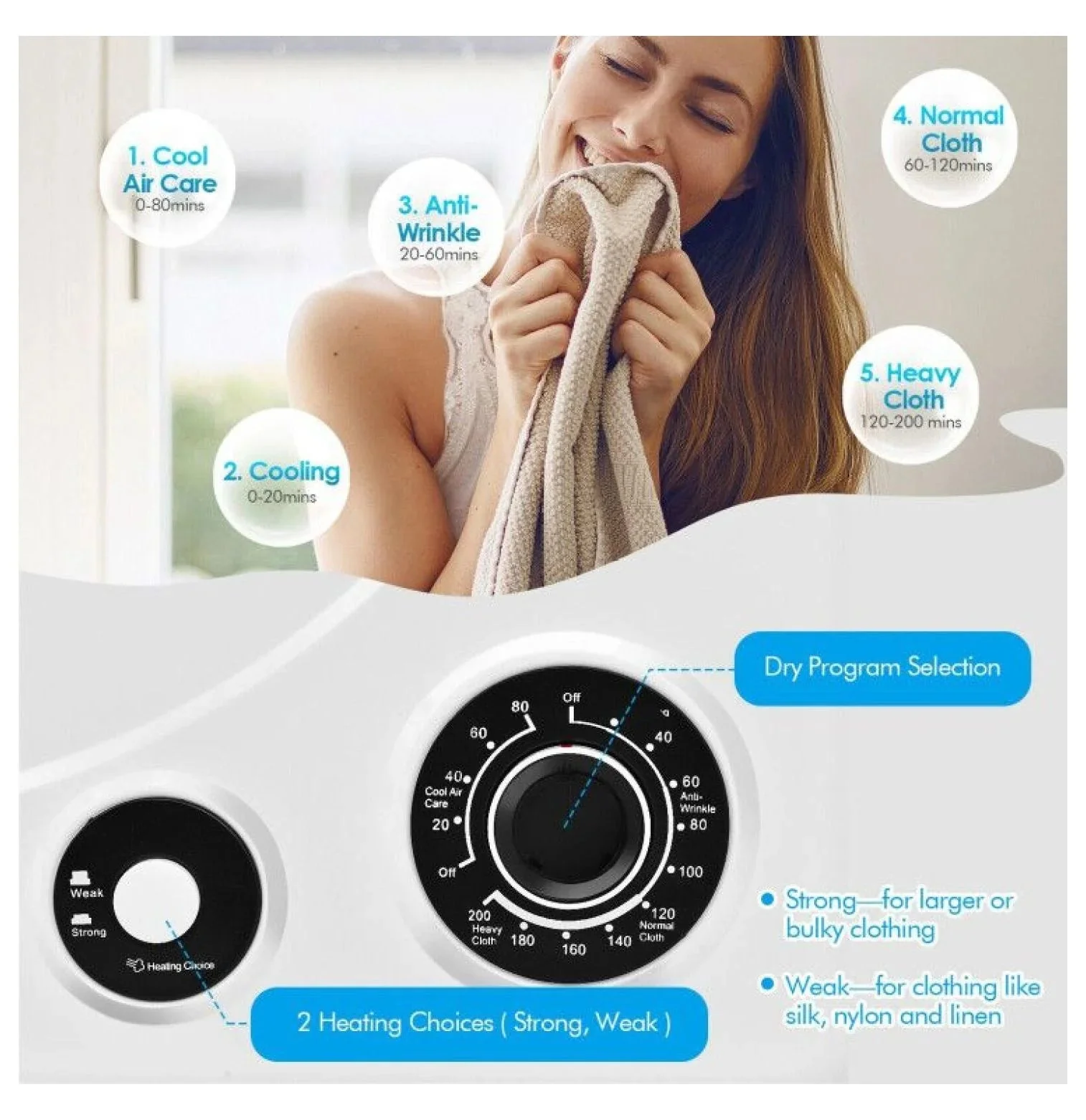 Compact Electric Tumble Dryer, 13.2lbs, White, Stainless Steel Tub, 4 Drying Modes, 2 Heat Settings - Image 7