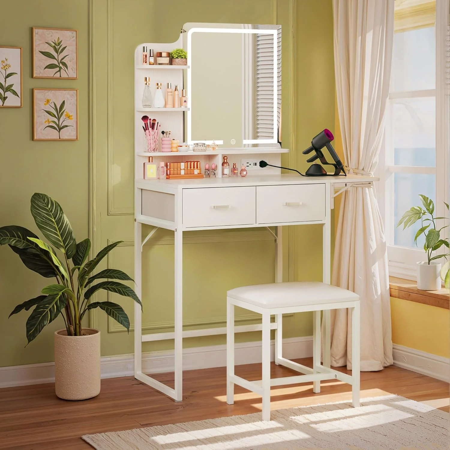 Fixwal Small Makeup Vanity Table with LED Mirror, 4 Drawers & Charging Station, White - Image 4