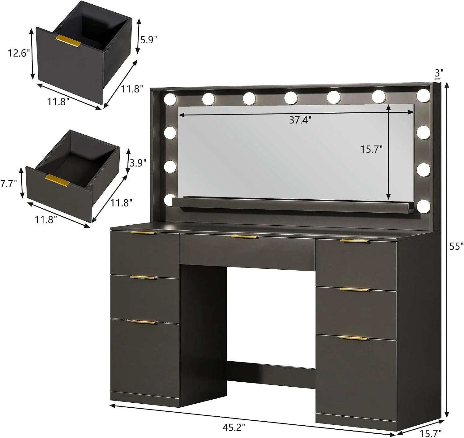 Fixwal Vanity Desk, 45.3in Makeup Vanity with 7 Drawers & Large Mirror, Black Vanity Desk for Bedroom - Image 7