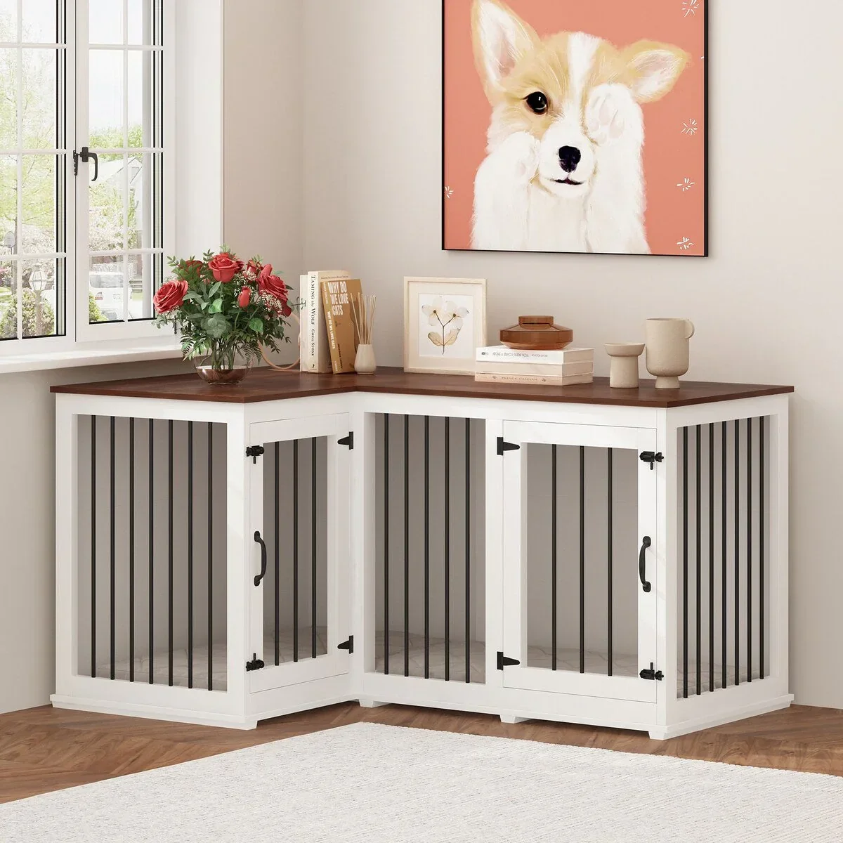 L Shape Corner Dog Crate Furniture For 2 Dogs, 58.7X41.1 - Image 6