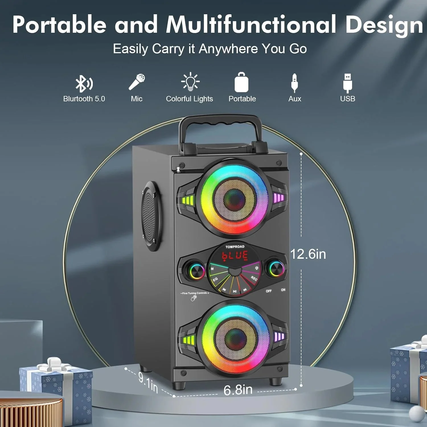 Speakers, 60W Portable Wireless Loud Outdoor Home Party Bluetooth Speaker with Subwoofer, FM Radio, LED Colorful Lights, Microphone, Remote and Big Powerful Stereo Deep Bass Sound Boombox - Image 2
