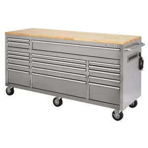 72 in 18-Drawer 24 in. D Mobile Workbench with Solid Wood Top Stainless Steel