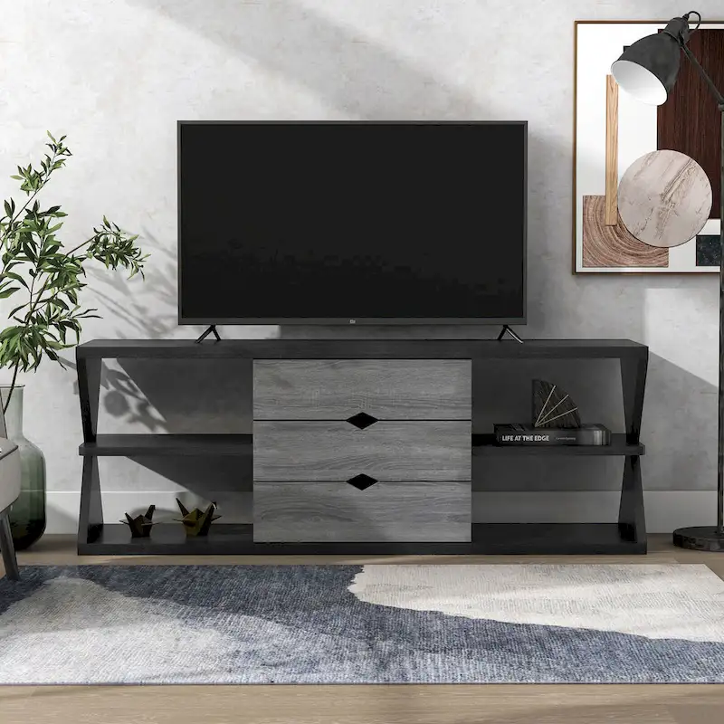 Ayala 60-Inch Modern Black and Distressed Grey TV Console with 4 Shelves and 3 Drawers - Image 3