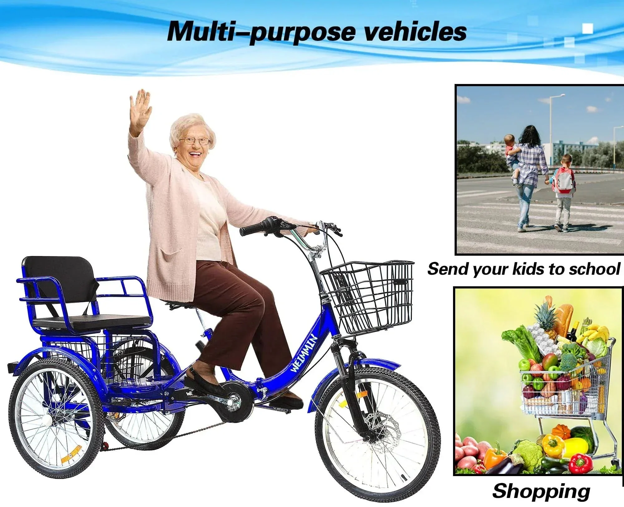 Tricycle 7 Speed, 20 inch 3 Wheel Bikes Folding Tricycle for Adults Star Strip Blue - Image 2
