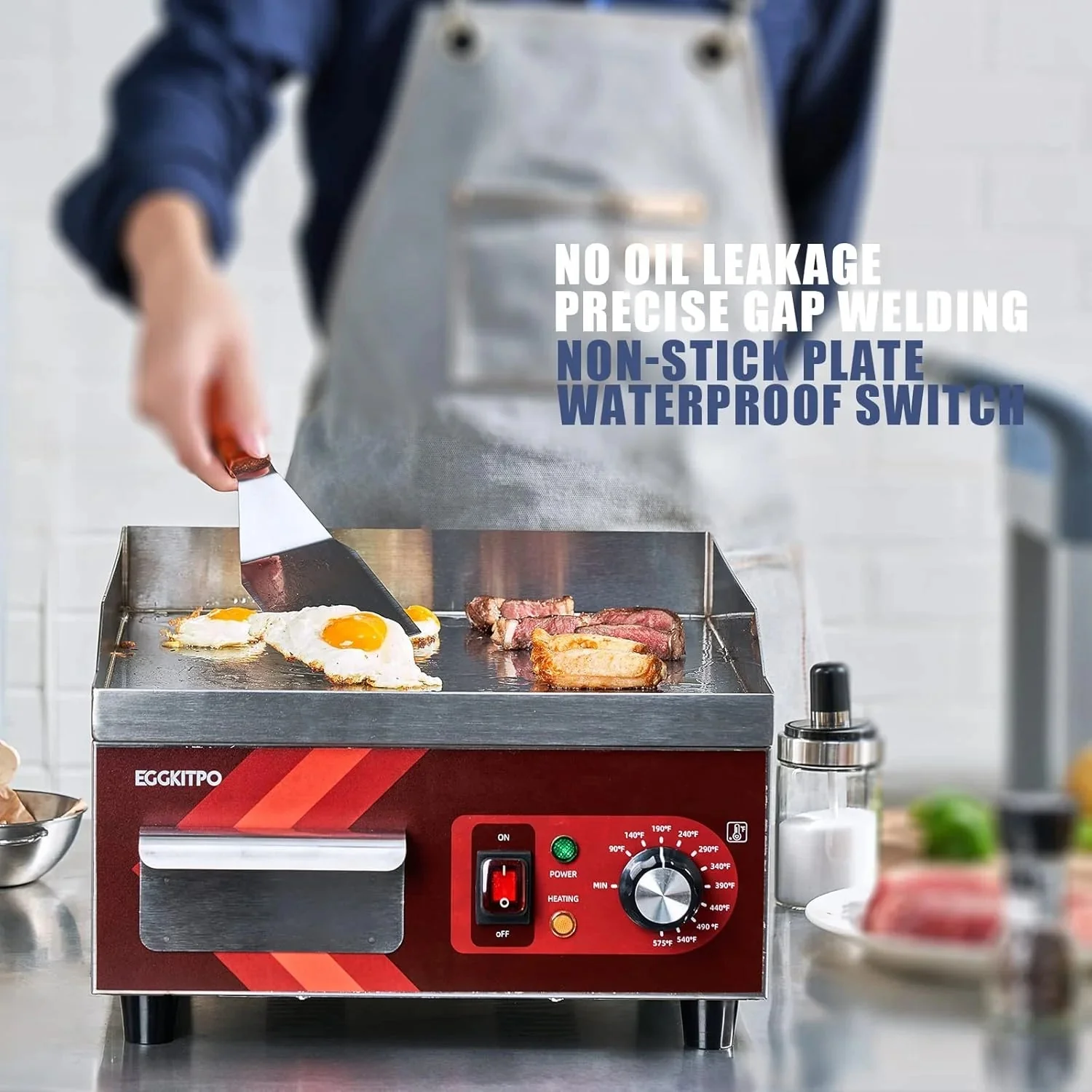 14 Inch Electric Griddle, Non-Stick Flat Top Grill Commercial Electric Countertop Griddles Stainless Steel Adjustable Temperature Control 90F-575F for Home or Restaurant Use - Image 11