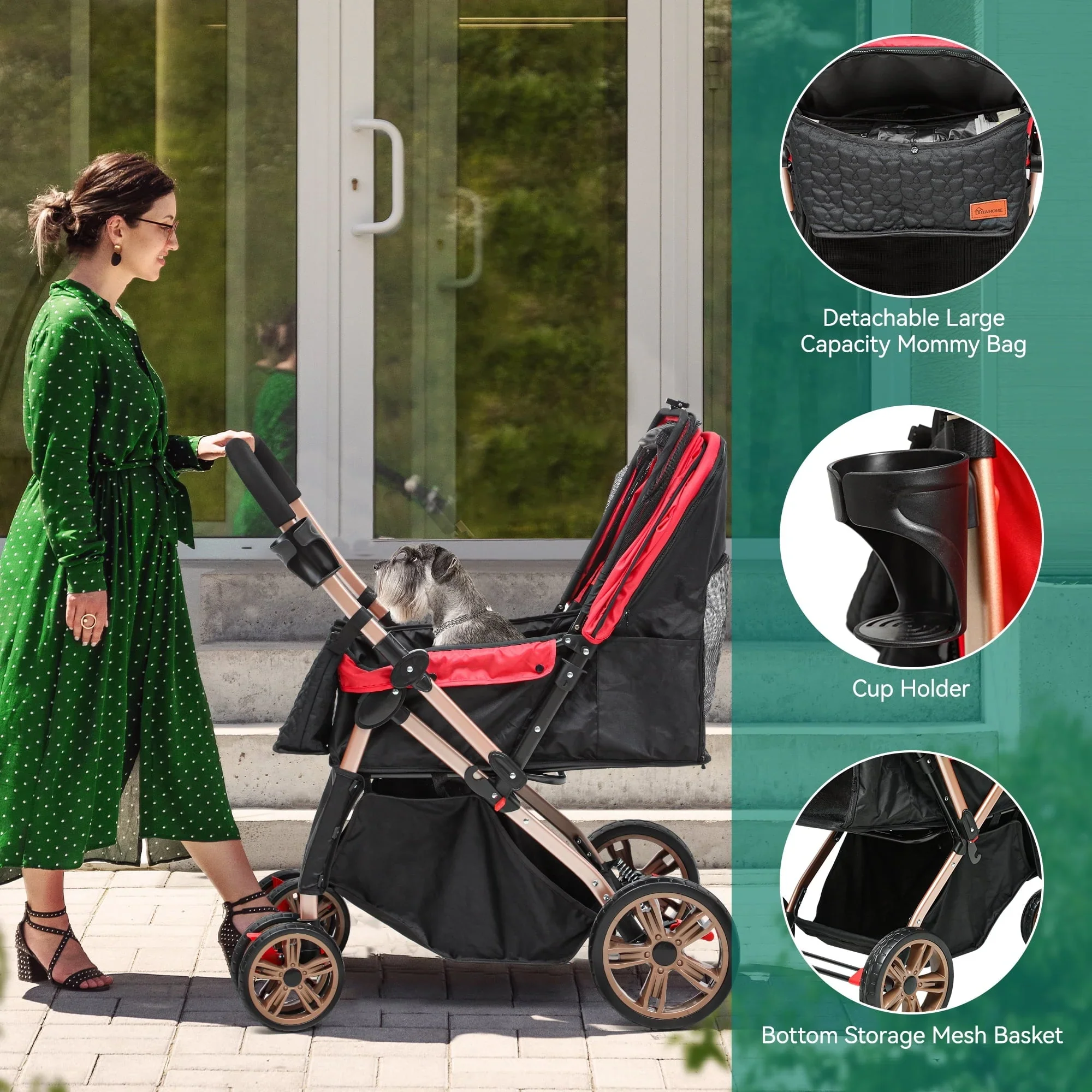 Dextrus 4-Wheel Foldable Pet Stroller With 7-inch Front And 10-inch Rear Wheels, 48.5 lbs Capacity - Image 6