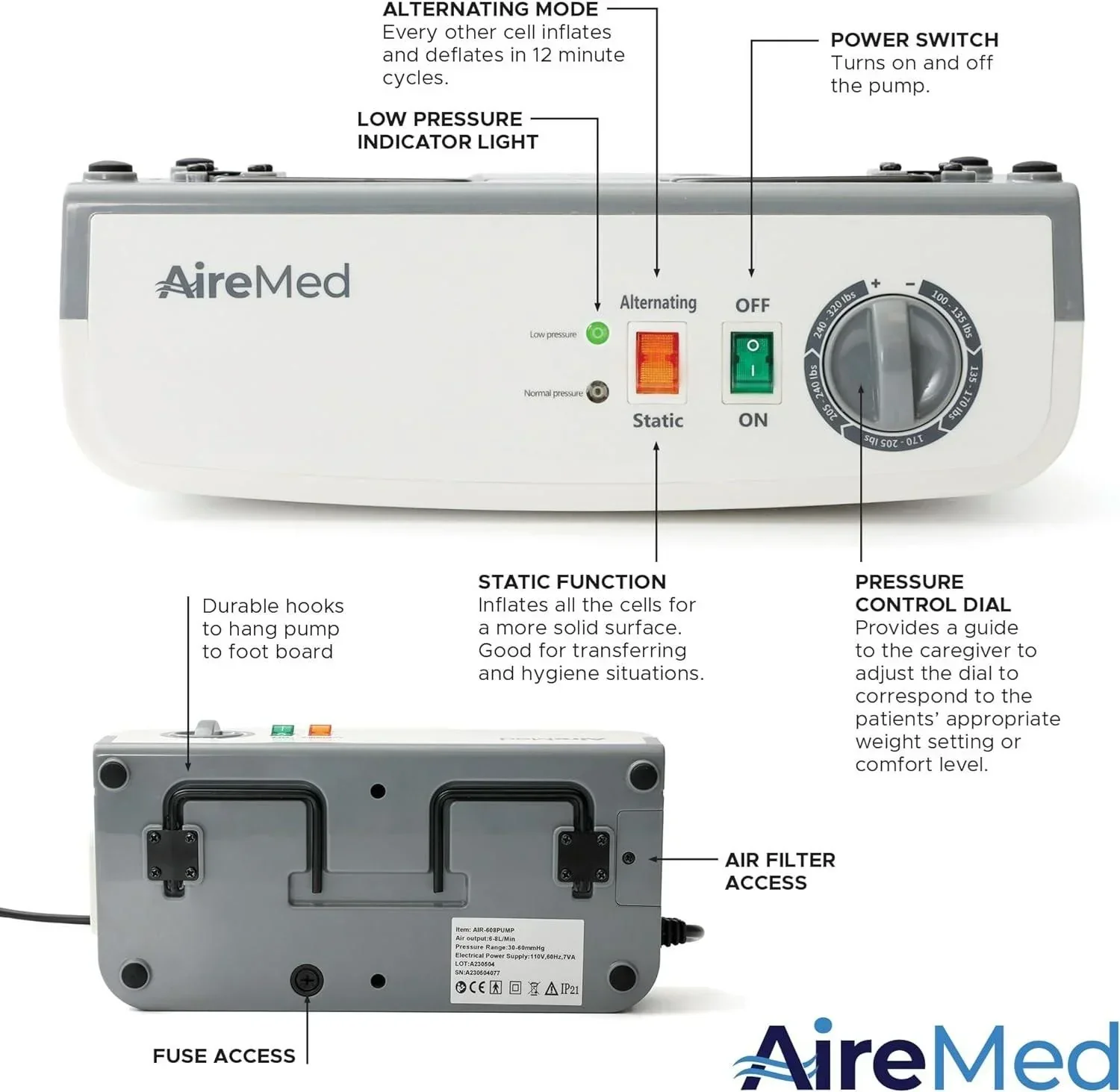 Airmed Low Air Loss Alternating Pressure Mattress Overlay, 5in - Advanced Pump With Static Function - Image 2