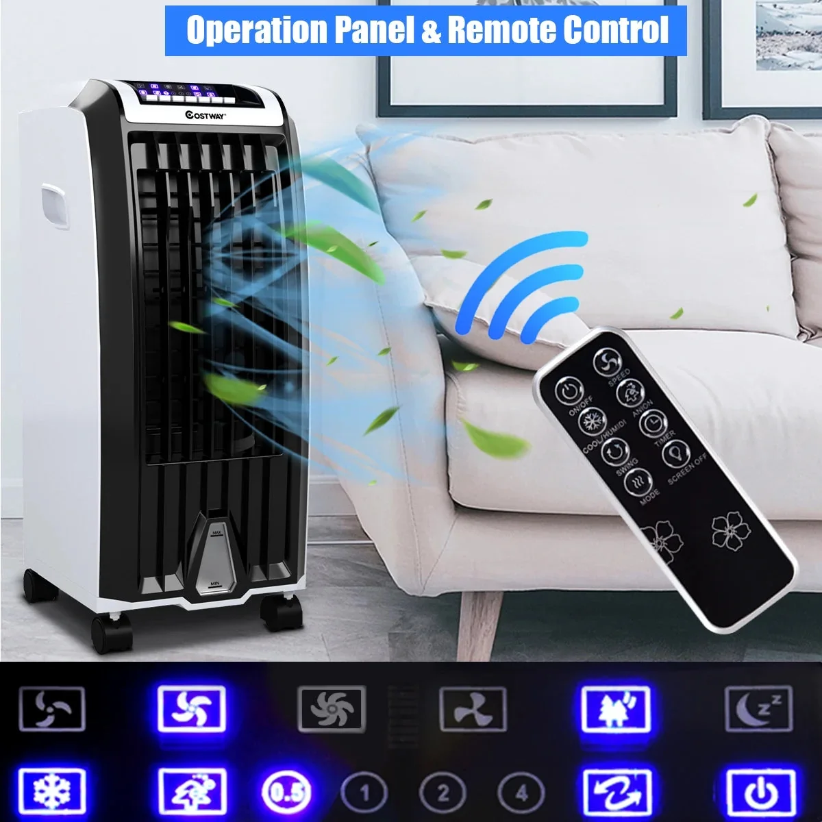 Costway Portable Evaporative Air Cooler Fan With Remote Control - 6.5L, White + Black - Image 4
