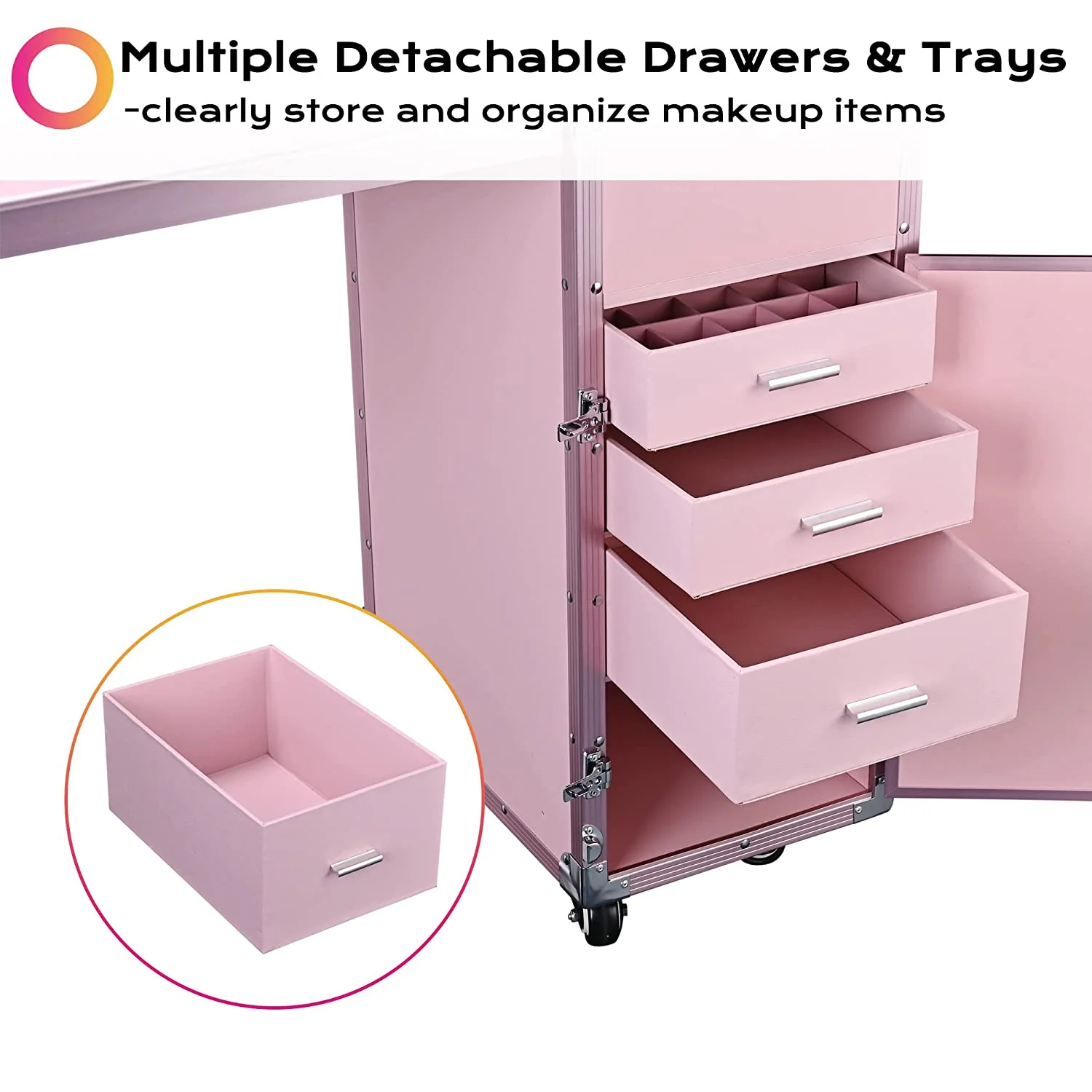 BYOOTIQUE Mobile Nail Station Rolling Makeup Train Case With Mirror, 4 Drawers - Pink - Image 4