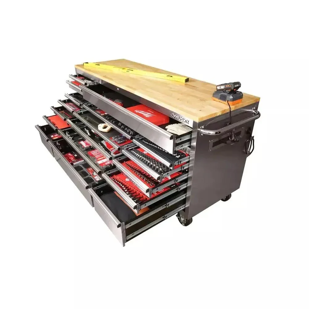 72 in 18-Drawer 24 in. D Mobile Workbench with Solid Wood Top Stainless Steel - Image 6