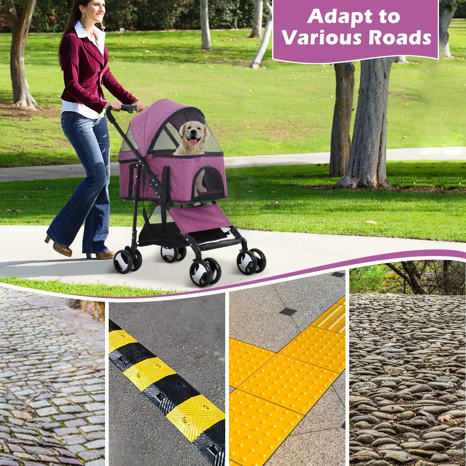 NiamVelo 3-in-1 Detachable Pet Stroller With 4 Wheels, Purple - Image 3