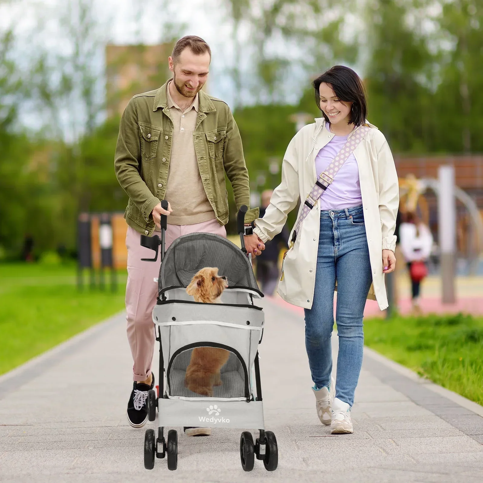 4-Wheel Foldable Cat And Dog Stroller With Storage Basket And 360 Degree Front Wheels - Gray - Image 6