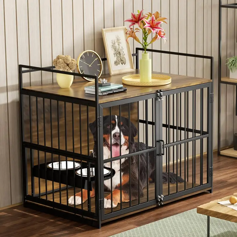 ROOMTEC Large Dog Crate Furniture With Adjustable Bowls, Steel Frame, 48in x 30.3in x 43in - Image 4