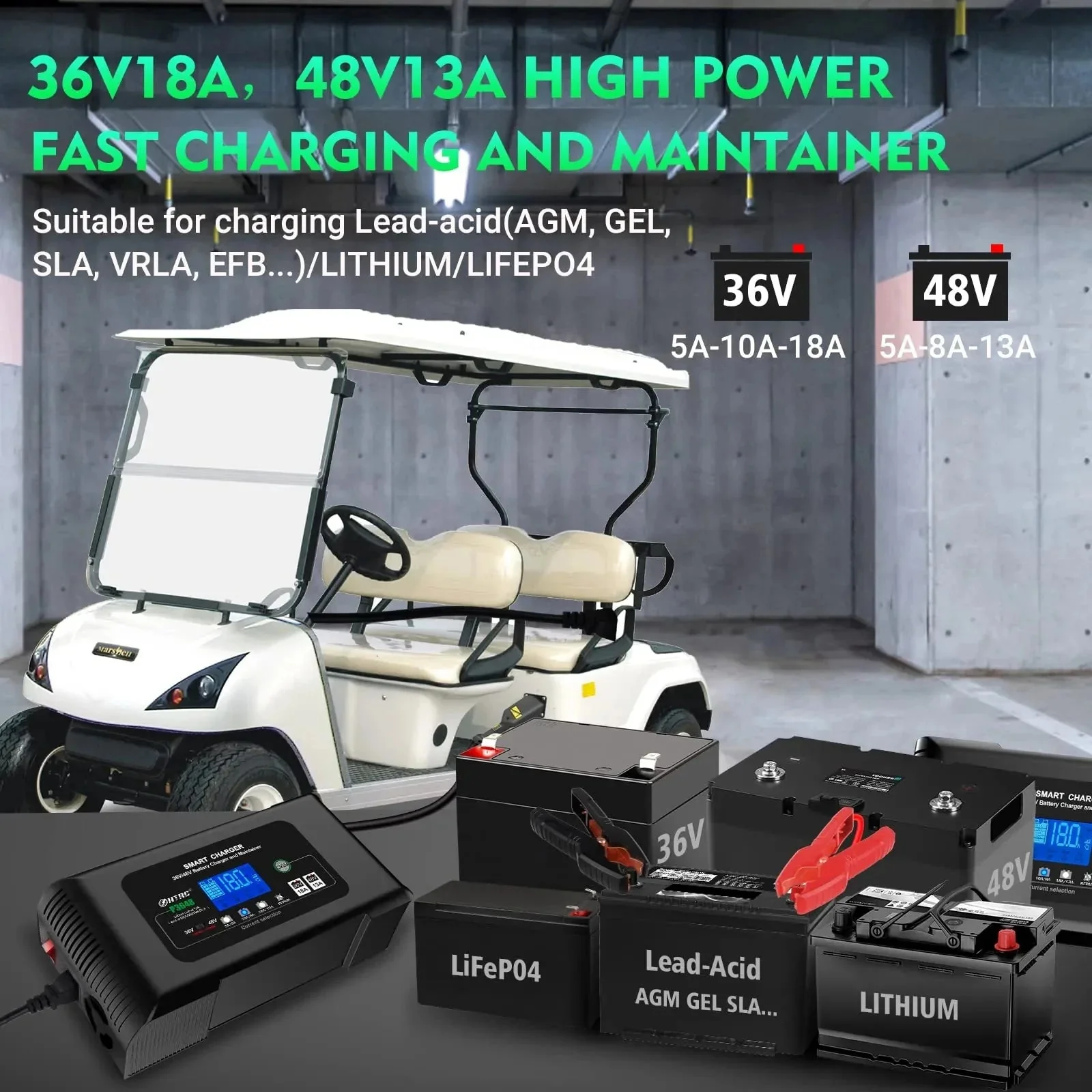 36 Volt Golf cart Charger 18-Amp Smart Charger, Car Battery Charger,Trickle Charger,36V,18-Amp and 48V,13-Amp,Lithium,LiFePO4,Lead-Acid AGM/Gel/SLA.Battery Charger, for EZGO TXT,Car, Boat. - Image 6