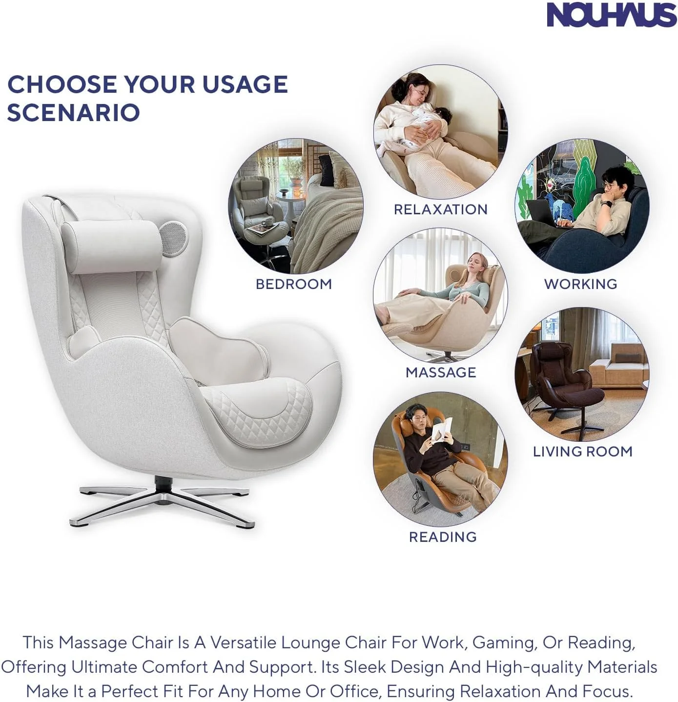 Nouhaus Classic Massage Chair With Ottoman, Bluetooth Speakers - N-0003 - Image 4