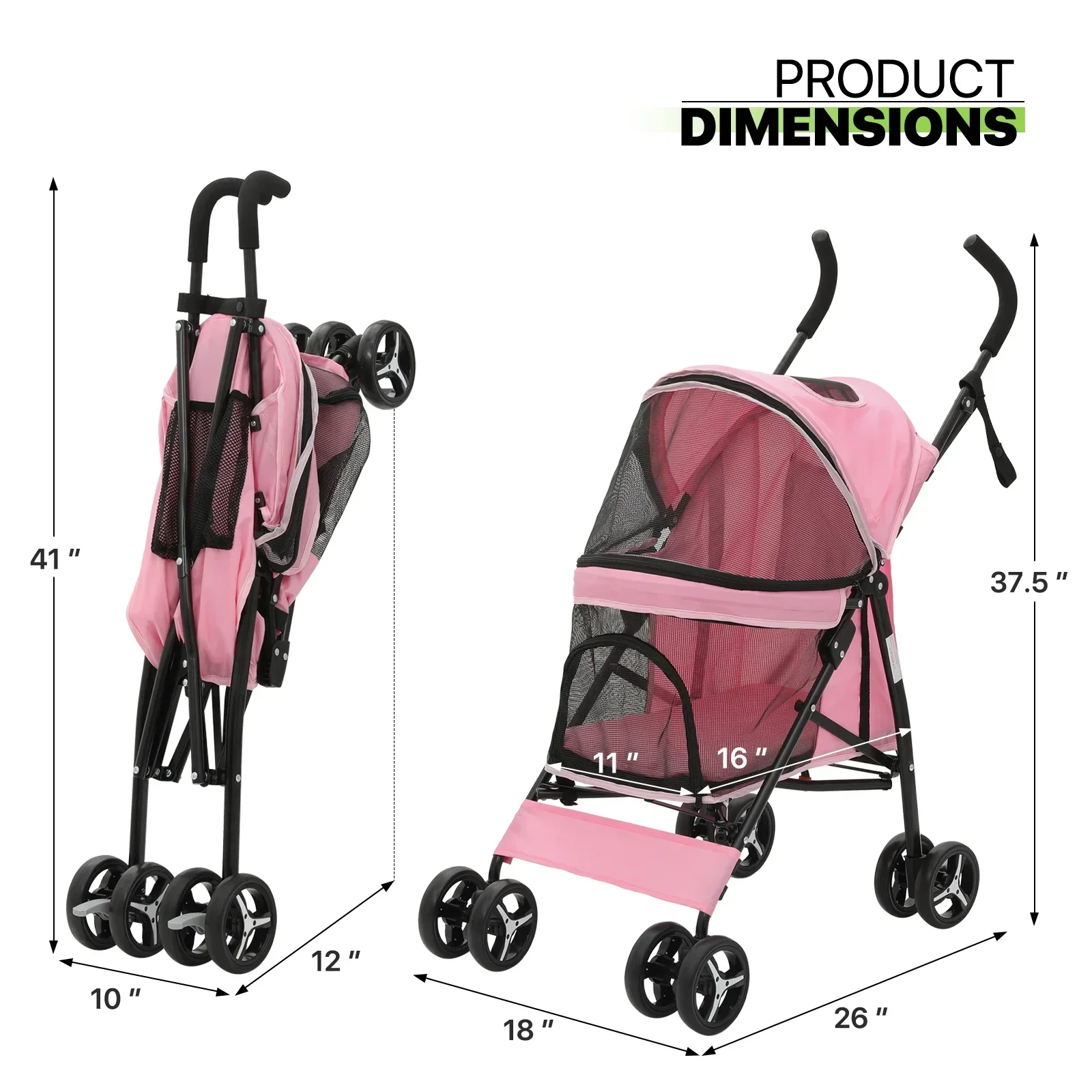 Magshion 4 Wheel Foldable Pet Stroller for Small Medium Dogs, Pink, 22 lbs - Image 10