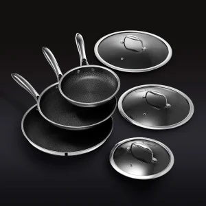 HexClad Hybrid Stainless Steel Cookware Pan Set, 6 Piece, 8 inch, 10 inch, 12 inch, Glass Lids, Black