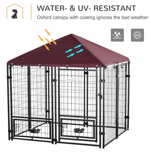Outdoor Dog Kennel With Rotating Bowl Holders, 5 ft x 5 ft x 5 ft, Black And Red - Image 3