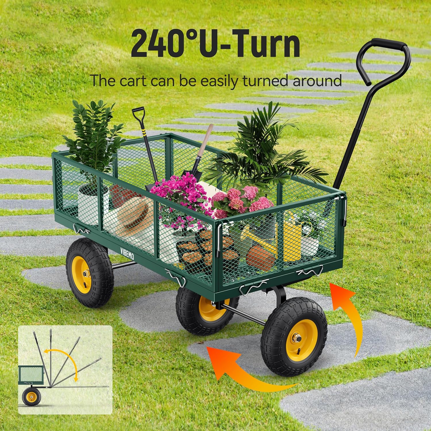 Steel Garden Cart 2-in-1 1400 lbs Heavy Duty Utility Wagon with Removable Mesh Sides to Convert into Flatbed 240?? U-Turn 13" Pneumatic Tires Garden Wagon for Farm Yard Lawn Garden Camping - Image 19
