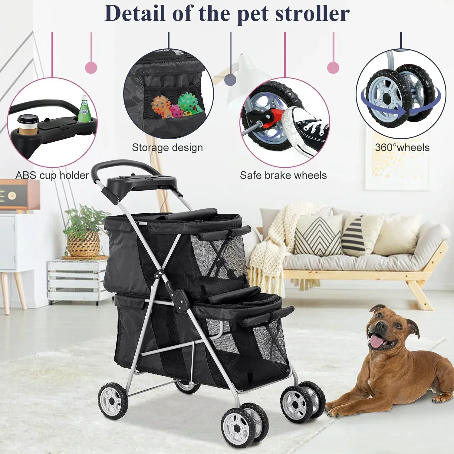 4-Wheel Foldable Pet Stroller With 2 Cages - Image 4
