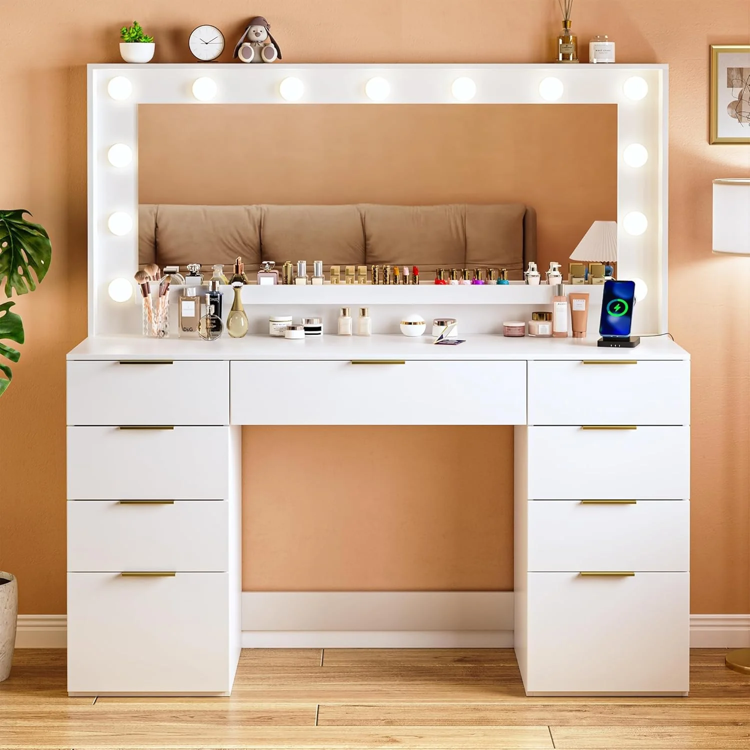 Fixwal 45.3" White Makeup Vanity Table with 9 Drawers, LED Lighted Mirror & Power Outlet - Image 8