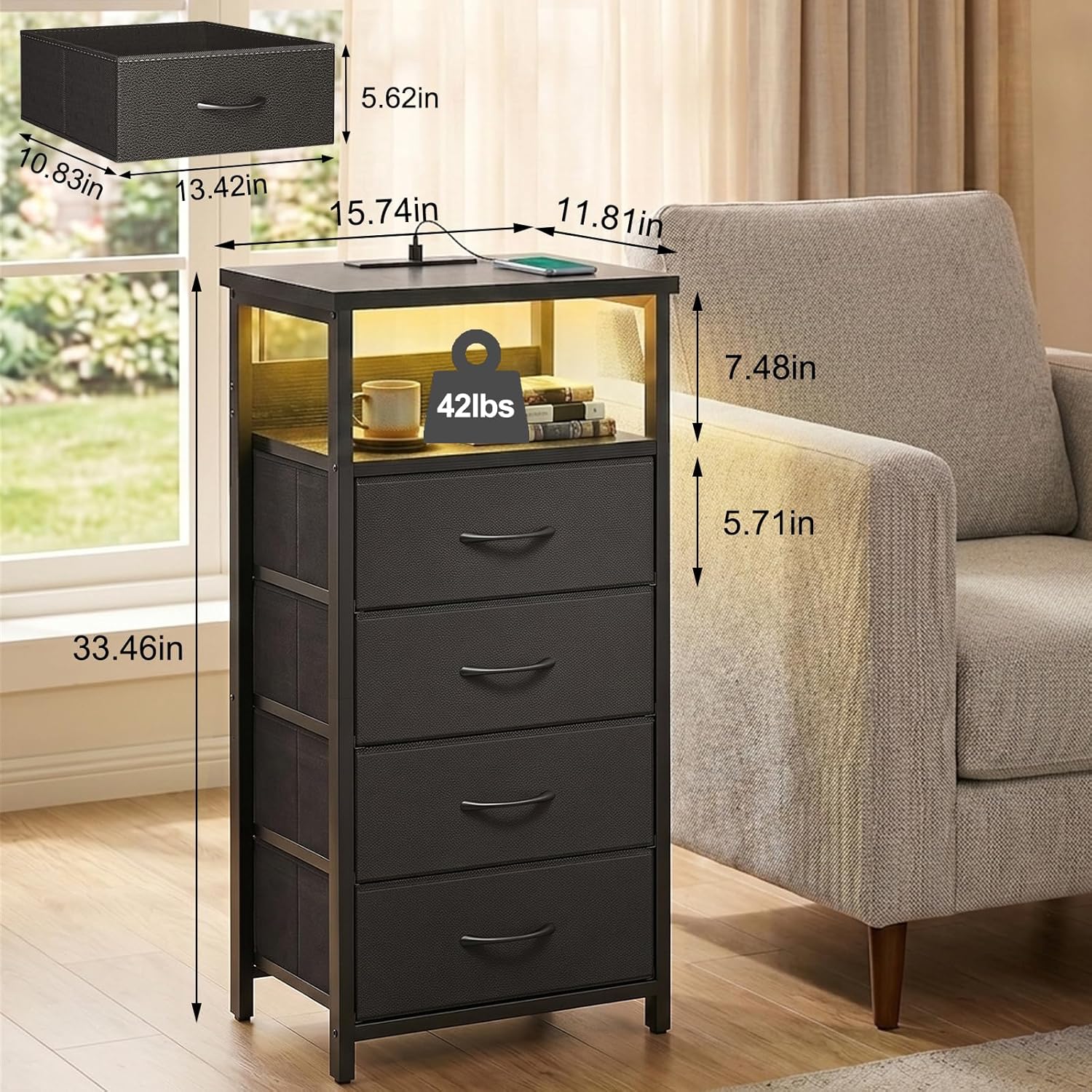 Black Tall Nightstand with Charging Station, 4 Fabric Drawers, RGB LED & Open Shelves - Image 5