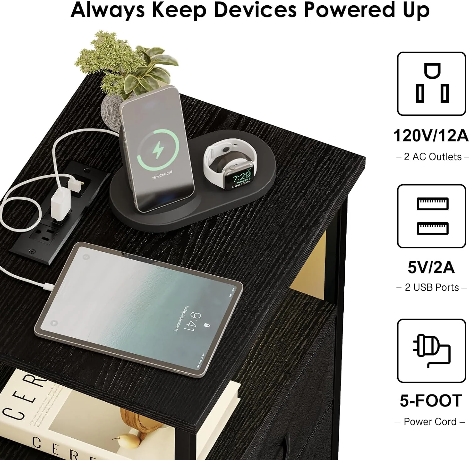 Black LED Nightstand with Charging Station, 2 Fabric Drawers & Open Shelves - Image 6