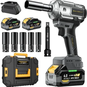 Cordless Impact Wrench, 1200Nm(900ft-lbs) High Torque 1/2'' Impact Wrench, 21V Brushless Electric Impact Gun with 2Pcs 4.0Ah Batteries, 1 Hour Fast Charger, 5 Sockets, Power Impact Driver for Car Home